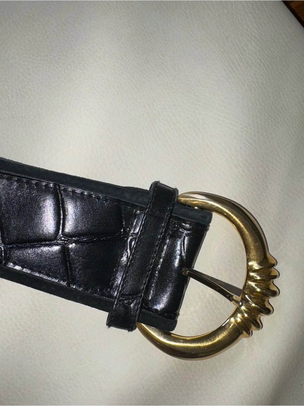 Express Black Leather Belt with Curved Gold Buckle